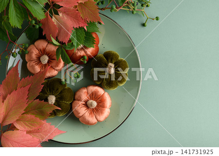 Decorative velvet pumpkins in autumn colors arranged on a plate with foliage 141731925