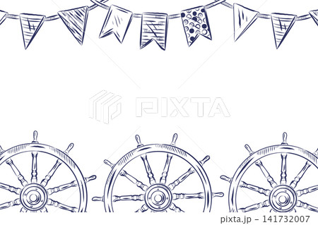 A marine frame with a ship's rudder and flags. All objects are hand-drawn in ink. Marine-themed vector frame for party decoration or background, invitations, postcards, textile printing. A marine frame with a ship's rudder and flags. All objects are hand-drawn in ink. Marine-themed vector frame for party decoration or background, invitations, postcards, textile printing. 141732007