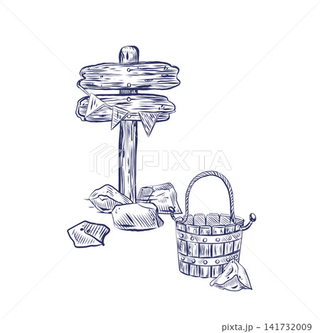 Wooden signpost and bucket on the beach. Vector illustration on a marine theme. The concept of sea adventures for leisure design, travel, marine decor and summer elements, postcards, textiles. Wooden signpost and bucket on the beach. Vector illustration on a marine theme. The concept of sea adventures for leisure design, travel, marine decor and summer elements, postcards, textiles. 141732009