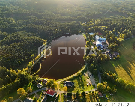 Beautiful pond with forests and nature. Landscape in the highlands in the Czech Republic. Milovy pond. Beautiful pond with forests and nature. Landscape in the highlands in the Czech Republic. Milovy pond. 141732126
