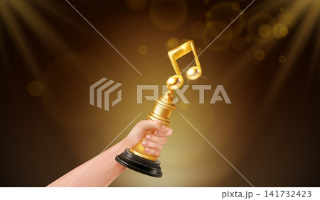 Hand hold music award. Realistic arm holding golden cup winner nomination ceremony, 3d gold musical notes reward song singer spotlights luxury dark background vector illustration Hand hold music award. Realistic arm holding golden cup winner nomination ceremony, 3d gold musical notes reward song singer spotlights luxury dark background vector illustration 141732423
