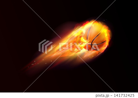 Fire basketball. 3d realistic fireball, flying flaming basket ball orang hot balls sport player fire throw play speed motion effect dark background vector illustration 141732425