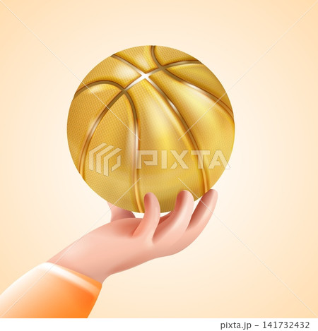 3d hand basketball. Realistic cartoon arm hold golden basket ball, sport competition championship league team character play balls goal game match best player vector illustration 3d hand basketball. Realistic cartoon arm hold golden basket ball, sport competition championship league team character play balls goal game match best player vector illustration 141732432