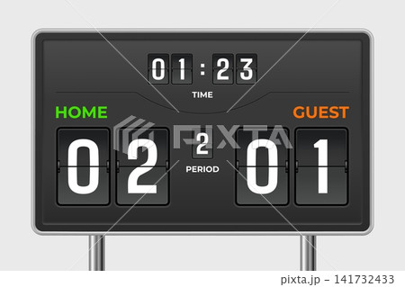 Scoreboard countdown. Soccer sport counter display, 3d number panel clock hockey match mechanical timer time goal home team competition result realistic garish vector illustration 141732433