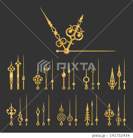 Golden clock hands. Antique watch pointer, metal arrow steampunk vintage old hour minute mechanical cogwheel clockwork ornate iron mechanism realistic garish vector illustration Golden clock hands. Antique watch pointer, metal arrow steampunk vintage old hour minute mechanical cogwheel clockwork ornate iron mechanism realistic garish vector illustration 141732434