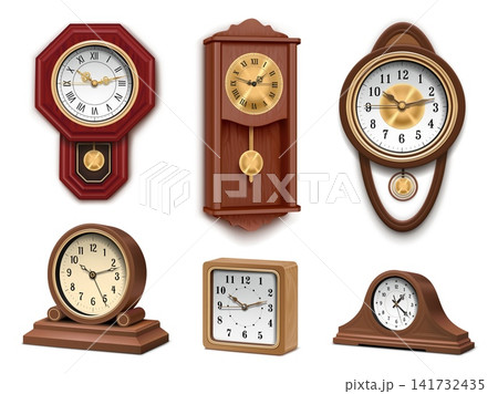 Antique clocks realistic. Old vintage wall watch face, pendulum grandfather clock time metal wood classic interior mantel table hand wrist tower alarm 3d garish vector illustration 141732435