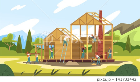 Cottage construction process. Home building work, wood house builder worker site roof frame carpenter group new residential rural private wooden dwelling classy vector illustration Cottage construction process. Home building work, wood house builder worker site roof frame carpenter group new residential rural private wooden dwelling classy vector illustration 141732442