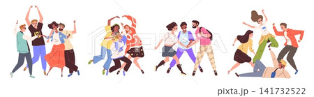 Happy friendship group. Young people fun celebrate, joy team taking photo together guy girl laughing love heart hand gesture rejoice student community classy vector illustration 141732522