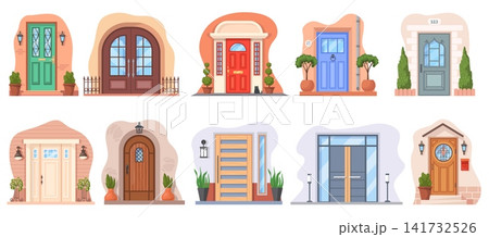 Front doors facade. House entrance different door, exterior design welcome doorway glass window vintage modern wooden entry apartment home porch wall set neat vector illustration Front doors facade. House entrance different door, exterior design welcome doorway glass window vintage modern wooden entry apartment home porch wall set neat vector illustration 141732526