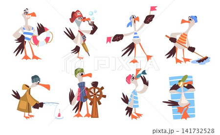 Seagull characters. Gull sea bird, sailor captain funny animal ocean summer beach mascot marine anchor seabird cartoon character nautical vacation set classy vector illustration Seagull characters. Gull sea bird, sailor captain funny animal ocean summer beach mascot marine anchor seabird cartoon character nautical vacation set classy vector illustration 141732528