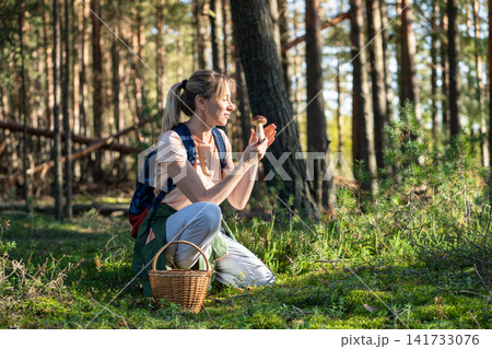 Happy woman forager picking mushrooms in forest, holding highly prized boletus mushroom in hands Happy woman forager picking mushrooms in forest, holding highly prized boletus mushroom in hands 141733076