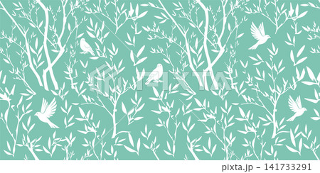 Seamless tree branch background with birds. Hand drawn. Not AI, vector illustration. Seamless tree branch background with birds. Hand drawn. Not AI, vector illustration. 141733291