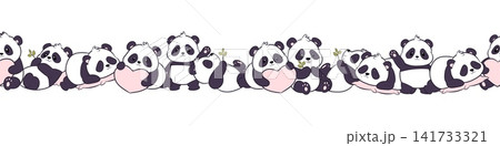 Vector seamless border cute pandas and hearts Vector seamless border cute pandas and hearts 141733321