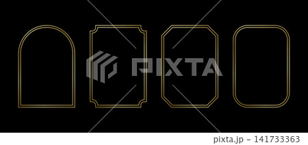 Set of golden double concentric arch and rectangular frames. Luxury gold borders for wedding invitations or greeting cards, event or party banners isolated on black background. Vector illustration Set of golden double concentric arch and rectangular frames. Luxury gold borders for wedding invitations or greeting cards, event or party banners isolated on black background. Vector illustration 141733363