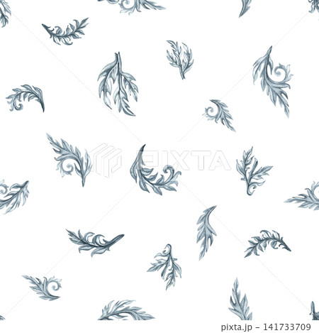 Elegant watercolor seamless pattern featuring scattered ornamental leaves in a natural flowing arrangement. Ideal for wallpaper, textiles, branding and elegant surface design Elegant watercolor seamless pattern featuring scattered ornamental leaves in a natural flowing arrangement. Ideal for wallpaper, textiles, branding and elegant surface design 141733709