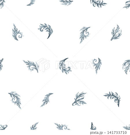 Delicate seamless pattern with small watercolor ornamental leaves arranged in a structured repeat. Elegant companion design for luxury stationery, branding and textiles Delicate seamless pattern with small watercolor ornamental leaves arranged in a structured repeat. Elegant companion design for luxury stationery, branding and textiles 141733710