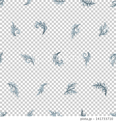 Delicate seamless pattern with small watercolor ornamental leaves arranged in a structured repeat. Elegant companion design for luxury stationery, branding and textiles Delicate seamless pattern with small watercolor ornamental leaves arranged in a structured repeat. Elegant companion design for luxury stationery, branding and textiles 141733710