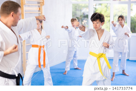 Children students repeat position and perform sequence of punches and painful techniques kata 141733774