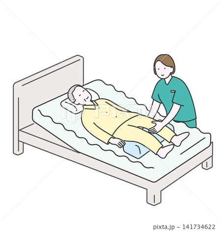床ずれ予防のために男性高齢者の体位変換を行う介護士のイラスト 141734622