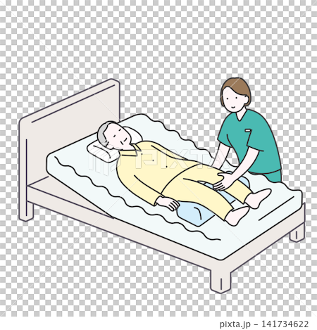 床ずれ予防のために男性高齢者の体位変換を行う介護士のイラスト 141734622