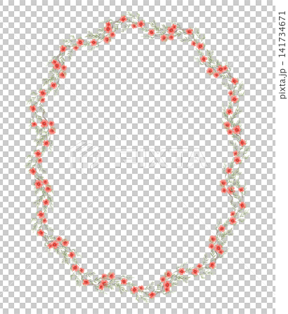 Red flowers tiny oval wreath. Hand drawn watercolor frame with delicate twig and thyme branch around copy space. Floral design for wedding invitation card. Botanical ellipse template for rustic logo. Red flowers tiny oval wreath. Hand drawn watercolor frame with delicate twig and thyme branch around copy space. Floral design for wedding invitation card. Botanical ellipse template for rustic logo. 141734671