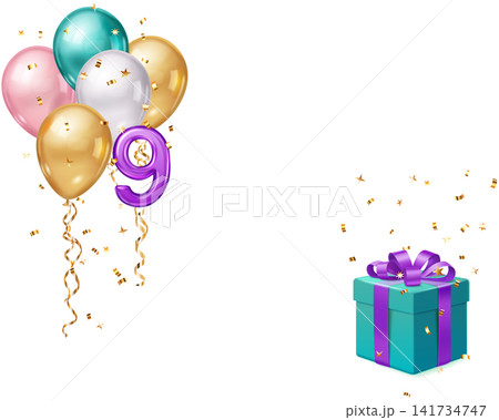 Celebration number nine with balloons and gift. Celebration number nine with balloons and gift. 141734747