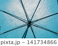 雨の日のWebバナーや梅雨施策をクールに魅せる、青いビニール傘と緻密な水滴のテクスチャ背景 141734866