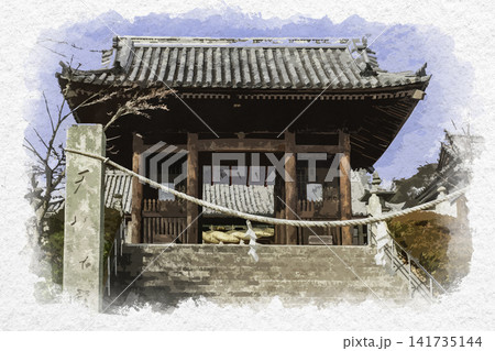 水彩画風　倉敷美観地区　阿智神社　随身門　岡山県倉敷市 141735144