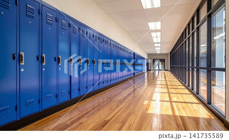 Empty school hallway with rows of blue lockers on both sides Empty school hallway with rows of blue lockers on both sides 141735589