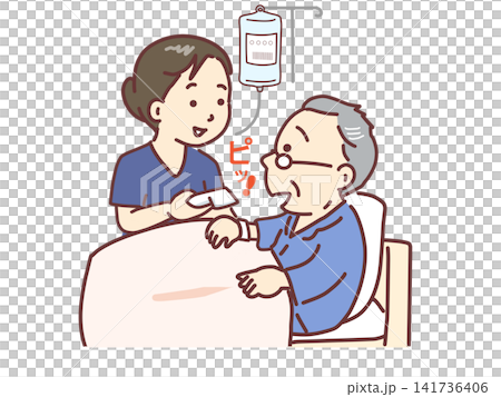 リストバンドで本人確認をする看護師、点滴の準備をする 141736406
