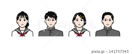 学ランとセーラー服を着た中学生4人のシンプルなベクターイラストセット素材 学ランとセーラー服を着た中学生4人のシンプルなベクターイラストセット素材 141737343