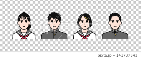学ランとセーラー服を着た中学生4人のシンプルなベクターイラストセット素材 学ランとセーラー服を着た中学生4人のシンプルなベクターイラストセット素材 141737343