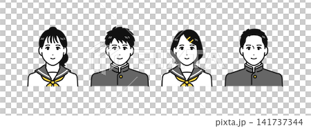 A set of character icons featuring four male and female students in school uniforms (gakuran and sailor suits). A set of character icons featuring four male and female students in school uniforms (gakuran and sailor suits). 141737344