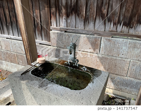 神社の龍が見守る手水舎と清らかな手水鉢 141737547