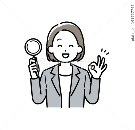 ルーペを持ってOKサインをするスーツ姿の女性のイラスト ルーペを持ってOKサインをするスーツ姿の女性のイラスト 141737747
