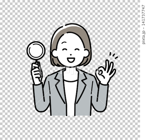 ルーペを持ってOKサインをするスーツ姿の女性のイラスト ルーペを持ってOKサインをするスーツ姿の女性のイラスト 141737747