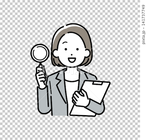 ルーペを持つスーツ姿の女性のイラスト 141737749