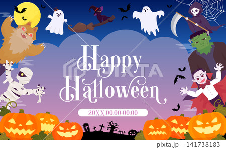 ハロウィンのモンスターたちのにぎやかなテンプレート2_横 141738183