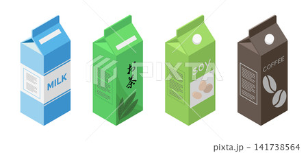 牛乳や緑茶など飲み物の紙パックの立体イラストセット 141738564