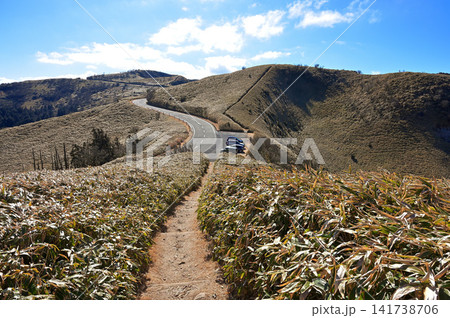 伊豆半島の伊豆山稜線歩道 草原に続く達磨山の登山道と西伊豆スカイライン 伊豆半島の伊豆山稜線歩道 草原に続く達磨山の登山道と西伊豆スカイライン 141738706