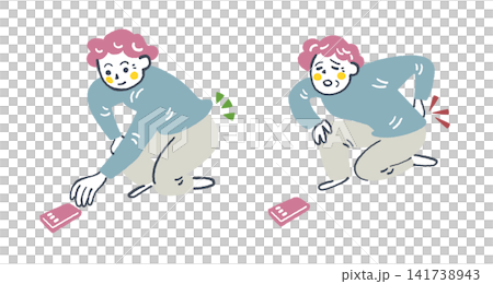 何気ない動作が腰の負担に 腰に痛みが走るシニア女性 セットイラスト 何気ない動作が腰の負担に 腰に痛みが走るシニア女性 セットイラスト 141738943