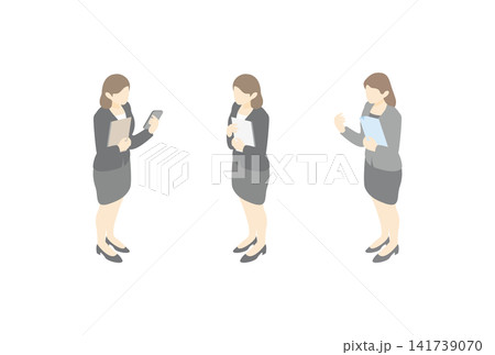 アイソメトリック　人物　女性　ビジネス　女性社員　仕事　スーツ　ポーズ　イラスト　デザイン素材 141739070