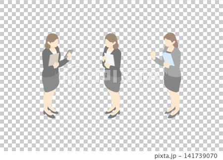 アイソメトリック　人物　女性　ビジネス　女性社員　仕事　スーツ　ポーズ　イラスト　デザイン素材 141739070