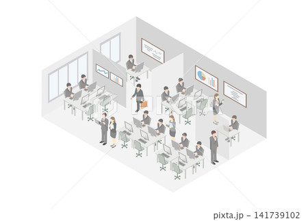 アイソメトリック　オフィス　人物　男性　女性　会社　仕事　働く人々　ビジネス　イラスト　デザイン素材 141739102