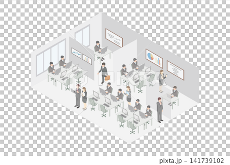 アイソメトリック　オフィス　人物　男性　女性　会社　仕事　働く人々　ビジネス　イラスト　デザイン素材 141739102