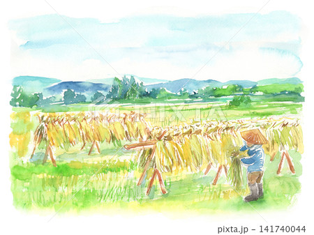 水彩で描いた田んぼとはさがけの風景イラスト 水彩で描いた田んぼとはさがけの風景イラスト 141740044