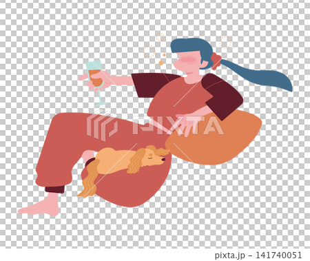 A woman in a good mood, slightly tipsy, enjoying a relaxing time at home with her dog. A woman in a good mood, slightly tipsy, enjoying a relaxing time at home with her dog. 141740051