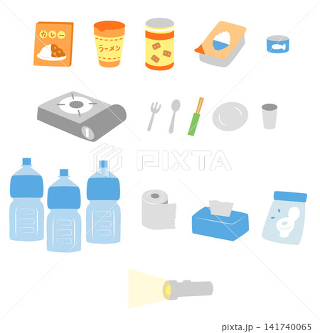 災害に備えた備蓄 フラットなイラストセット 災害に備えた備蓄 フラットなイラストセット 141740065