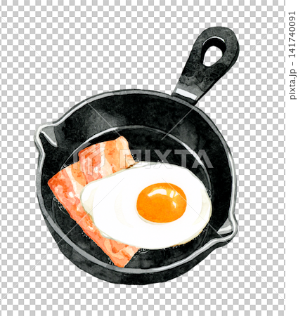 スキレットで作るベーコンエッグ　手描き水彩イラスト素材 141740091