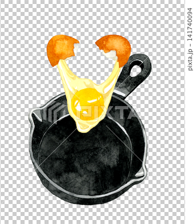 スキレットに生卵を割り入れる(目玉焼き) 手描き水彩イラスト素材 スキレットに生卵を割り入れる(目玉焼き) 手描き水彩イラスト素材 141740094